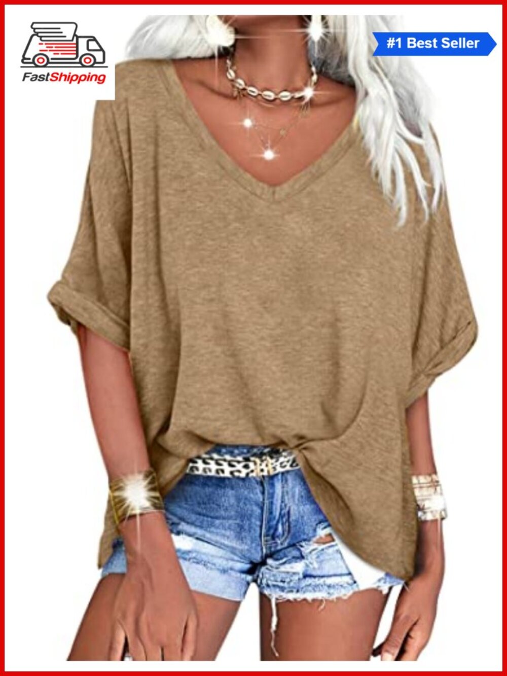 Womens Oversized V Neck Rolled Sleeve Summer T Shirt